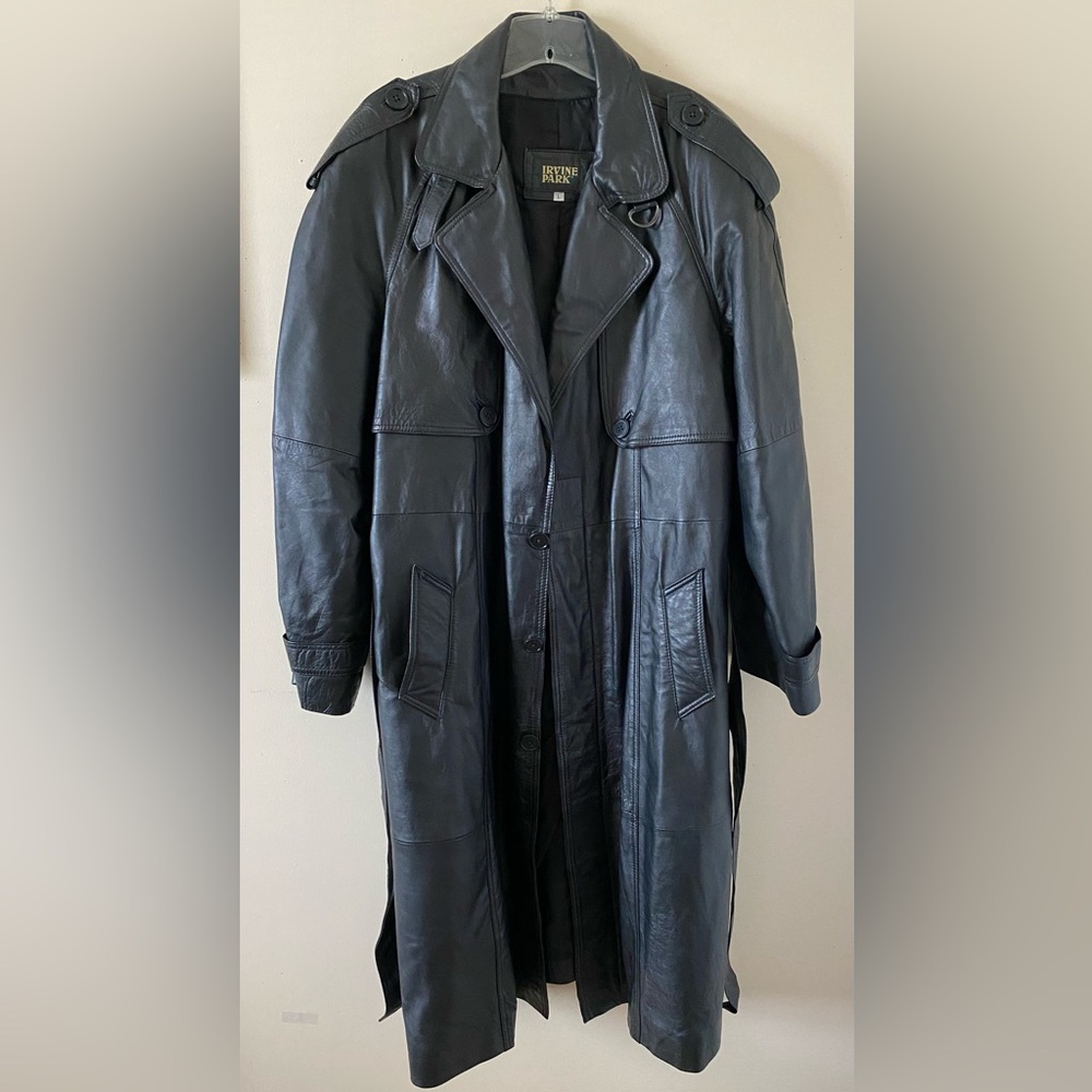 Men's Long Black Leather Trench Coat
